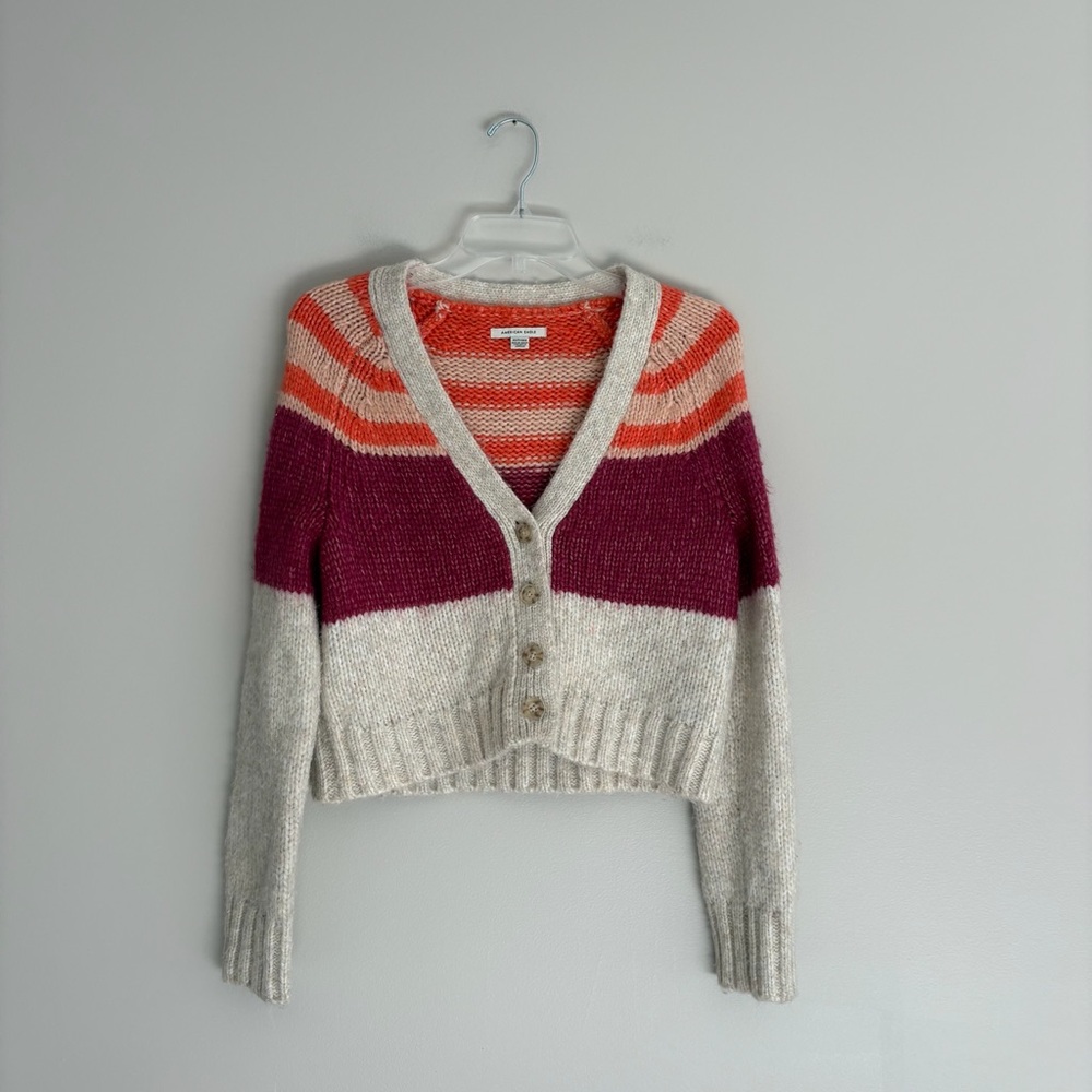 American Eagle Outfitters Striped Button-Up Cardigan in Pink, Orange, and Cream